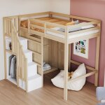 Lit mezzanine enfant 90x200 cm avec armoire, bureau et rangements, �chelle s�curis�e, structure bois ...
