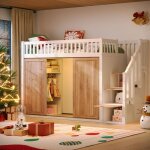 Lit mezzanine enfant 90x200 cm avec armoire et escalier de rangement, bande led multicolore contrlable, ...