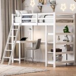 Lit mezzanine enfant 90x200 cm, avec bureau et 4 compartiments de rangement, avec escalier et grille ...