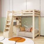 Lit mezzanine enfant 90x200 cm avec bureau et tiroir, tagres et armoire, bois et mdf, blanc (sans matelas) ...