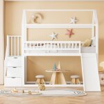 Lit mezzanine enfant 90x200 cm, lit cabane avec toboggan et escalier de rangement, en bois, sans matelas, ...