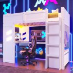 Lit mezzanine enfant 90x200 cm avec �clairage led, 1 port usb, 1 port type - c, escalier, bureau, tiroirs, ...