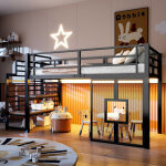 Lit mezzanine enfant 90x200 cm avec escalier rangement, led et fen�tres, structure m�tal mdf noir