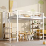 Lit mezzanine enfant 90x200 cm avec escalier de s�curit�, penderie ouverte, �tag�res de rangement ouvertes, ...