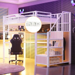 Lit mezzanine enfant 90x200 cm en m�tal , avec bureau, �chelle de rangement et armoire int�gr�e, sans ...