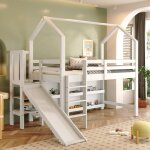 Lit mezzanine enfant 90x200 cm, avec toboggan, compartiments de rangement + étagères de rangement, bois ... Lit mezzanine enfant 90x200 cm, avec toboggan, compartiments de rangement + étagères de rangement, bois ...