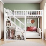 Lit mezzanine enfant 90x200cm blanc poli - lit superpos� 1 place loft ado avec escalier de rangement ...