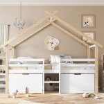 Lit mezzanine enfant 90x200cm pin et mdf blanc / naturel, toit cabane, barri�res 4 c�t�s avec escalier, ...