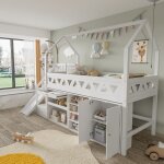 Lit mezzanine enfant en bois 90200cm avec toboggan, rangements ouverts, 1 penderie, lit cabane, sans ...