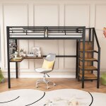 Lit mezzanine enfant 90x200cm, avec table et armoire, marchepieds latraux avec mains courantes, base ...