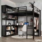 Lit mezzanine enfant adulte 140x200cm en m�tal, armoire + meuble de rangement + bureau int�gr�, sans ...
