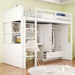 Lit mezzanine enfant en bois 90�200cm, bureau + armoire 2 tiroirs, sans matelas, antichute, blanc