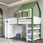 Lit mezzanine enfant en bois 90200cm avec rangement, lit cabane, penderie et tagres, sans matelas, ...