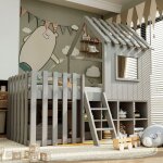 Lit mezzanine enfant en bois 90×200cm avec rangement ouvert, lit cabane, design en forme de maison, antichute, ... Lit mezzanine enfant en bois 90×200cm avec rangement ouvert, lit cabane, design en forme de maison, antichute, ...