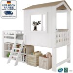 Lit mezzanine enfant en bois 90 x 200 - lit cabane mi - hauteur simple et classique - avec toit et fentres ...