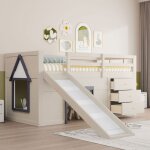 Lit mezzanine enfant en bois 90x200cm avec toboggan et 3 tiroirs, antichute, sans matelas, blanc