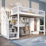 Lit mezzanine - enfant - fonctions int�gr�es - bureau - escalier - rangement - mdf - blanc - 252, 5x95x150cm ...