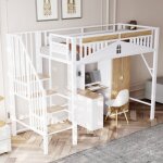 Lit mezzanine enfant en m�tal 90x200cm avec escalier, sommier � lattes, antichute, sans matelas, blanc ...