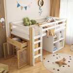 Lit mezzanine 90x200 cm lit enfant avec 2 armoires  tiroirs et chelle, en bois massif + mdf, blanc ...