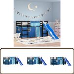 Lit mezzanine enfants avec rideaux sans matelas bleu 90x190 cm - lit mezzanine enfant - lit cabane - ...