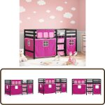 Lit mezzanine enfants avec rideaux sans matelas rose 90x190 cm - lit mezzanine enfant - lit plateforme ...