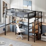Lit mezzanine, lit enfant, support de rangement pour escalier, armoire simple + table, en mtal, 90x200cm, ...