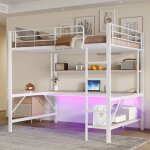 Lit mezzanine �quip�e 140x200 : bureau, �tag�res, prises usb / secteur et led. garde - corps, escabeau. ...
