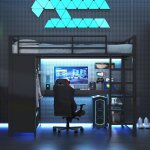 Lit mezzanine gaming avec bureau, led, penderie ouverte et rangements - noir - 204x145x180cm - sans matelas ...
