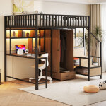 Lit mezzanine en m�tal 140 x 200 cm - avec �tag�res - avec armoire + 1 tiroir - avec �chelle de rangement ...