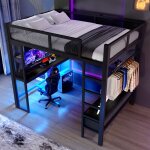 Lit mezzanine en m�tal 140x200 cm - avec led et port usb - bureau et armoire ouverte - avec 3 tiroirs ...