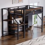 Lit mezzanine m�tal 140x200 noir - design cadre avec fen�tre - grand rangement int�gr� sous le lit - ...