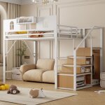 Lit mezzanine en métal 140x200cm, lit adulte enfant avec échelle de rangement et penderie, antichute, ... Lit mezzanine en métal 140x200cm, lit adulte enfant avec échelle de rangement et penderie, antichute, ...