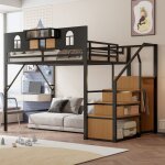 Lit mezzanine en métal 140x200cm, lit adulte enfant avec échelle de rangement et penderie, antichute, ... Lit mezzanine en métal 140x200cm, lit adulte enfant avec échelle de rangement et penderie, antichute, ...