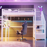 Lit mezzanine en m�tal 90 x 200 cm 1 place, avec �clairage led, prise de charge, escalier de rangement, ...