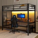 Lit mezzanine en mtal 90 x 200 cm avec led et ports usb, lit mezzanine 1 place avec table, cadre de ...