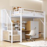 Lit mezzanine m�tal 90x200 blanc - garde - corps s�curis� avec fen�tre - �chelle avec rangement int�gr� ...
