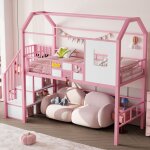 Lit mezzanine en m�tal 90x200 cm - avec escalier de rangement - avec barri�res de s�curit� - design toit ...