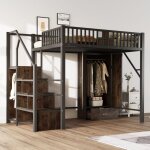Lit mezzanine m�tallique 140x200 cm avec design de rambarde en bois et m�tal, avec grand armoire, tiroir ...