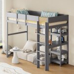 Lit mezzanine avec rangement 90 x 200 cm, cadre en pin massif avec sommier � lattes, lit enfant et adolescent, ...