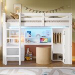 Lit mezzanine - lit simple - avec �clairage led, armoire, bureau et rangements - blanc - 100x204, 5x148cm ...