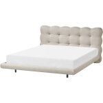 Lit moderne en tissu 160 x 200 cm cadre t�te de lit capitonn� sommier � lattes pieds en m�tal beige soulisse ...