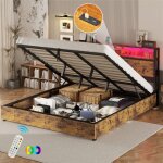 Lit coffre 180x200 cm, lit double, lit adulte avec chevet de rangement, �clairage led eet leverage hydraulique ...