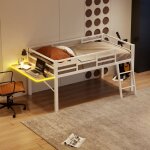 Lit simple 90x200 cm lit adulte avec garde - corps, chelle, bureau pliable, bande lumineuse led tlcommande ...