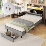 Okwish - lit simple 90x200 cm lit enfant avec lampe led, prise usb et tête de lit rabattable, tissu en ... Okwish - lit simple 90x200 cm lit enfant avec lampe led, prise usb et tête de lit rabattable, tissu en ...