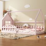 Lit cabane 90x200 cm, lit simple d'enfant avec barrires de scurit, cadre de lit en pin et mdf, couleur ...