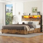 Gutent - lit plat, brun, grand espace de rangement en dessous, mcanisme de levage hydraulique, clairage ...