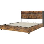 Gutent - lit plat, brun, grand espace de rangement en dessous, mcanisme de levage hydraulique, clairage ...