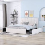 Okwish - lit adulte 140x200 cm, lit double avec 4 tiroirs et tte de lit rglable, en bois de pin, blanc, ...