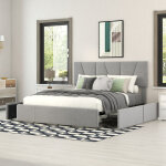 Okwish - lit adulte 140x200 cm, lit double avec 4 tiroirs et tte de lit rglable, en bois de pin, gris, ...