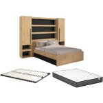Lit pont 140 x 190 / 200 cm avec rangements - avec leds - coloris : naturel et noir + sommier + matelas ...